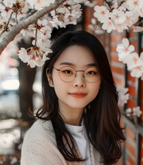 Wall Mural - Young Asian Woman Wearing Glasses Posing In Front Of Cherry Blossom Tree