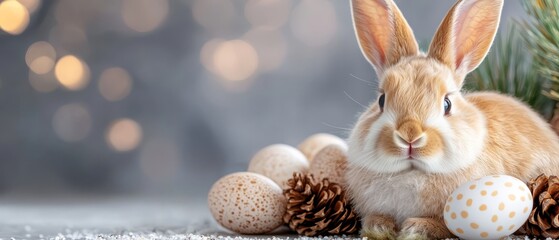 Wall Mural -  A tight shot of a rabbit by eggs and a pine cone on a table, background softly blurred