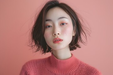 Wall Mural - Portrait of Young Woman with Short Hair and Pink Sweater