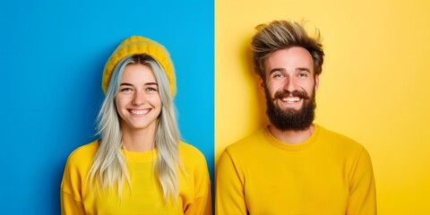 Happy Couple Posing Together on Blue and Yellow Background