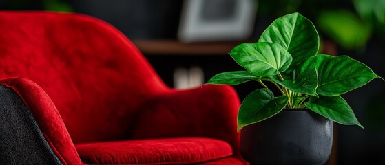 Poster -  A red chair beside a green plant in a black vase atop a wooden table, two red chairs adjacent