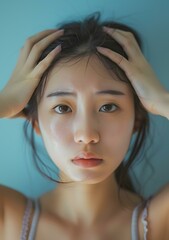 Poster - Portrait of a Young Asian Woman with Wet Hair Holding her Hair