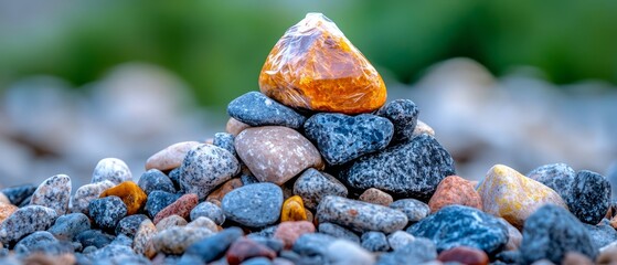 Poster -  A tight shot of a rock pile with an orange stone atop one boulder