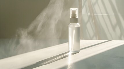 Wall Mural - High angle view of a facial mist bottle with a soft light accent AI generated illustration