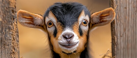 Wall Mural -  A tight shot of a goat peering out from a wooden fence, its large eyes fixed and alert