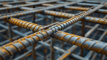 Wall Mural - High definition shot of steel bars forming the base of a building AI generated illustration