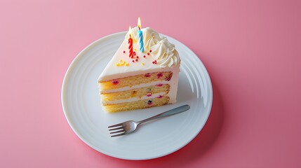 Wall Mural - High-angle shot of a single slice of birthday cake left on a minimalist table AI generated illustration