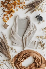 Wall Mural - High-angle view of a minimalistic and muted-colored flat lay featuring yoga gear AI generated illustration