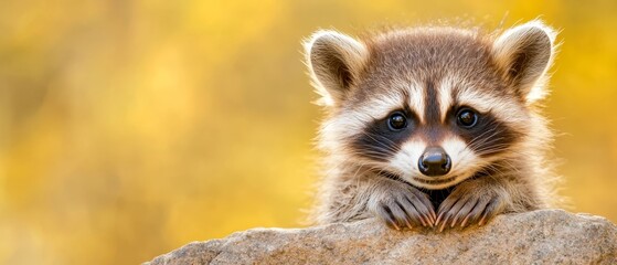 Wall Mural -  A raccoon atop a rock, paws on edge of its face