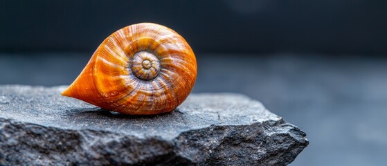 Wall Mural -  A tight shot of a snail's shell atop a rock, surrounded by a sunny scene Blue sky dominates the background