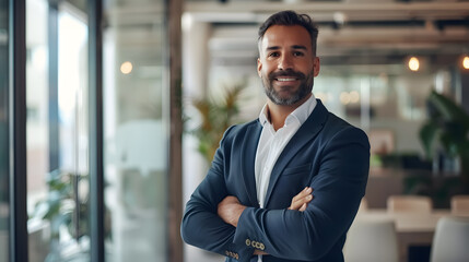 Confident Businessman: Businessman standing confidently with his arms folded, smiling 