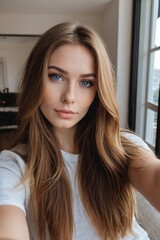 Selfie of a Young Blonde Social Media Model or Influencer with Blue Eyes in Natural Light