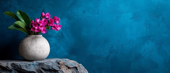 Wall Mural -  A white vase, brimming with pink blossoms, rests atop a rock Nearby, a blue backdrop and wall merge seamlessly