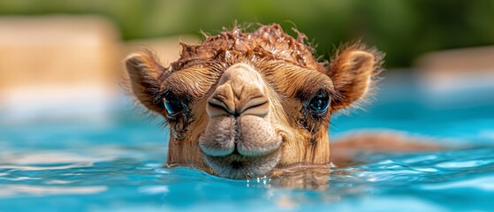 Wall Mural -  A tight shot of a camel's face submerged in water with closed eyes