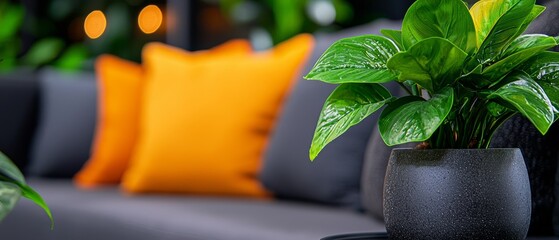 Wall Mural -  A potted plant sits atop a table, adjacent to a gray couch adorned with yellow pillows