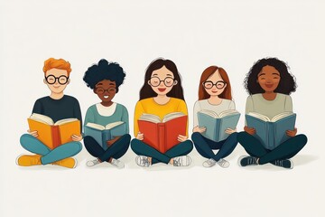 Diverse Group of Young People Reading Books Illustration