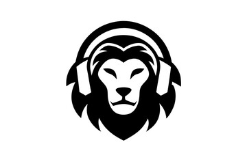 Poster - Lion with headphone logo icon design silhouette vector illustration