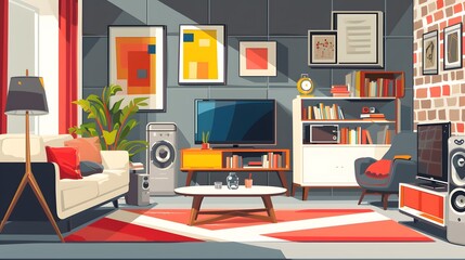 Wall Mural - Illustrate a living room set in the far future where AI and data analysis are commonplace existing within every gadget and device AI generated illustration