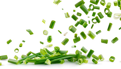 Falling green onion slices, fresh cut chives isolated on white background with clipping path