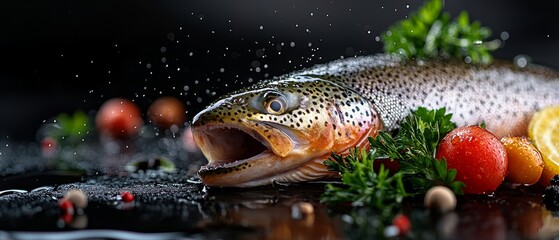  A fish opening its mouth next to a spread of fruits and veggies against a black backdrop, dripping with water