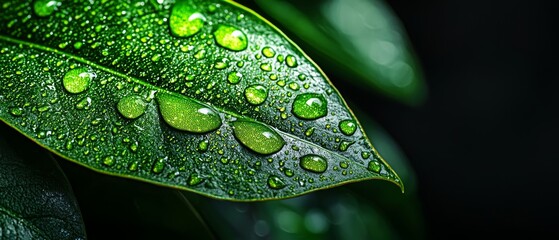 Wall Mural -  A close-up of a green leaf dotted with water droplets