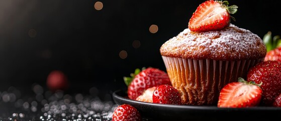 Poster -  A tight shot of a muffin on a plate, adjacent a plate bearing strawberries