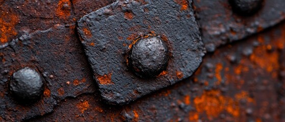 Canvas Print -  A tight shot of a weathered metal surface, showcasing rivets and their corresponding holes On one rivet, an intricate detail