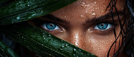 Wall Mural -  A tight shot of a woman's visage, adorned with expressive blue eyes, accompanied by verdant leaves nestled beside her face