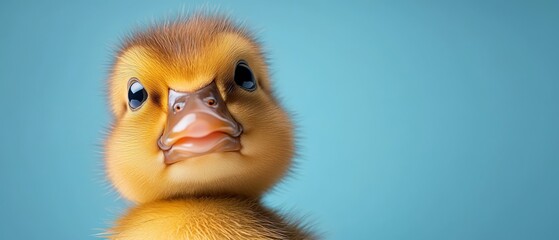 Wall Mural -  A duckling gazes intently at the camera against a backdrop of a clear blue sky