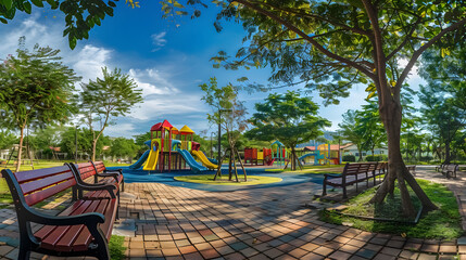 Park Panorama: Scenic panorama of a park featuring a colorful children�s playground and benches 