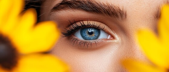 Wall Mural -  A tight shot of a woman's blue eye surrounded by yellow flowers in the foreground, against a backdrop of similar blooms