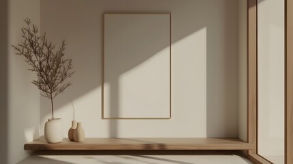 Wall Mural - Interior room scene focused on a minimalistic cinematic poster set in a warm wooden frame AI generated illustration