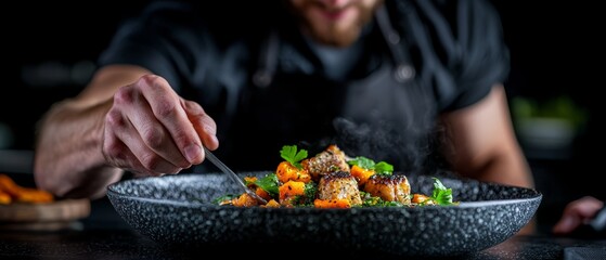 Sticker -  A tight shot of a bowl brimming with food, while a figure in the background holds a spoon laden with morsels