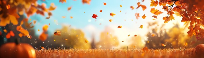 A picturesque autumn scene with colorful leaves, pumpkins, and a bright blue sky, capturing the essence of the fall season.