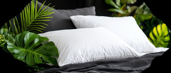 Poster -  A couple of pillows atop a bed Nearby, a lush, green plant with leafy foliage