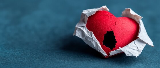 Poster -  A red heart-shaped paper with a circular hole in its center lies against a dark blue background