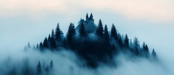 Wall Mural -  A towering structure with a sideways clock emerges from the misty forest, surrounded by trees