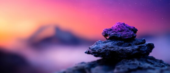 Poster -  A purple rock crowns a mountain peak under a star-filled night sky, transitioning into a pink and purple sunrise dawn