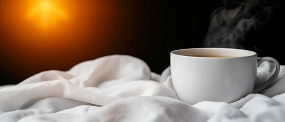 Sticker -  A cup of coffee atop a wooden table, next to a white blanket on a bed