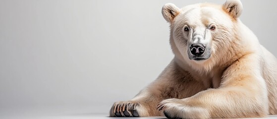  A polar bear, in a tight shot, reclines on its back Paws rest on its chest gaze directly into the camera