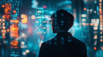 Wall Mural - Silhouette of a person in glasses looking at digital city lights, symbolizing technology and futuristic urban landscape, vibrant and colorful.