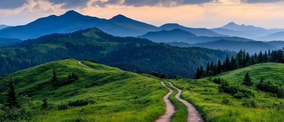 Canvas Print -  A dirt road runs through a lush, green field, leading to a distant mountain range