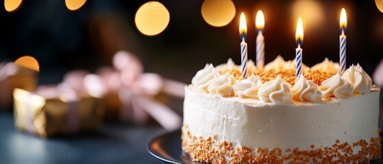 Poster -  A tight shot of a cake on a plate, candles arranged in the center and on its opposite side