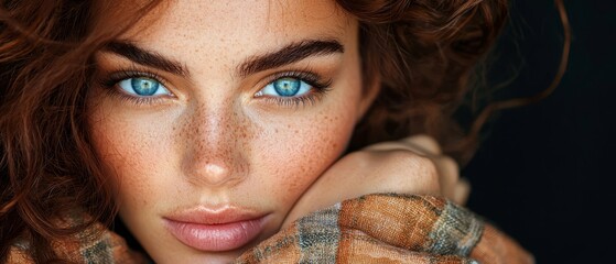 Sticker -  A close-up of a woman with freckles scattered across her face and arms, her blue eyes shining brightly