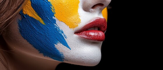 Poster -  A tight shot of a woman's face adorned with hues of the American flag