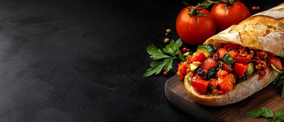  A sandwich, sliced in two, sits atop a cutting board Nearby, a bunch of tomatoes and lettuce wait