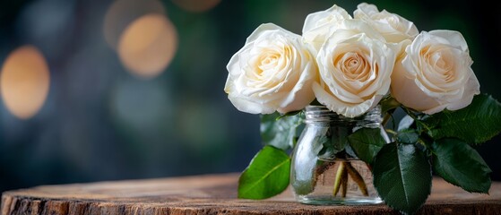 Sticker -  A vase filled with white roses atop a wooden table Nearby, a green tree stump adorned with leafy greens