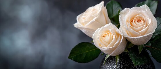 Sticker -  Three white roses in a black vase - water droplets atop, green leaves below