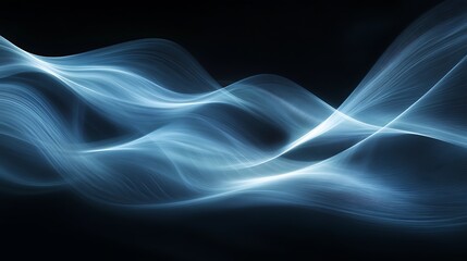 Abstract image with soft, glowing blue waves gracefully overlapping on a sleek black background, emphasizing a modern and fluid aesthetic