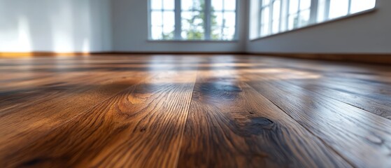 Canvas Print -  A tight shot of a room's wooden floor, with a window and its background visible beyond The floor in the foreground is distinctly wooden